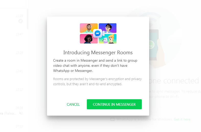 1. WhatsApp Web – Создать комнату – Продолжить в Messenger