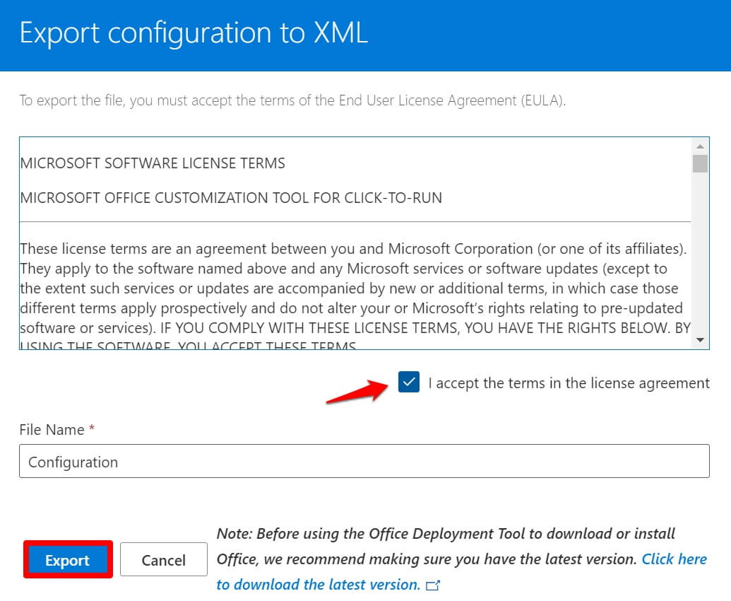 принять лицензию и экспортировать конфигурацию в XML