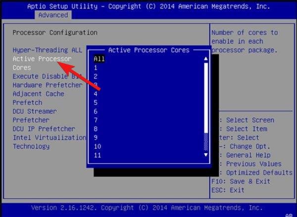Настройки активных процессорных ядер BIOS