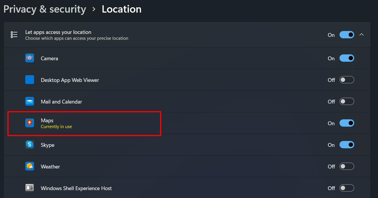 приложения, которые в настоящее время используют местоположение Windows 11
