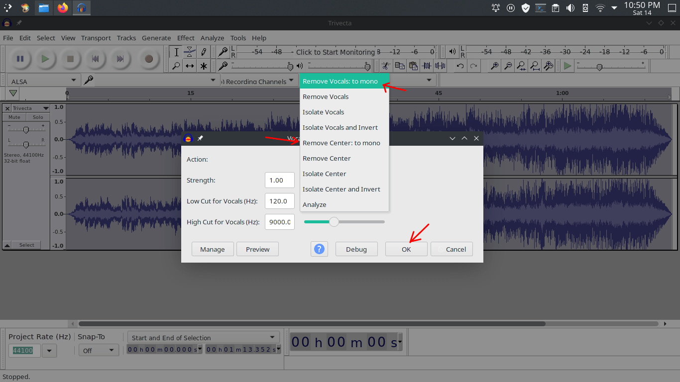 Средство для удаления вокала Audacity