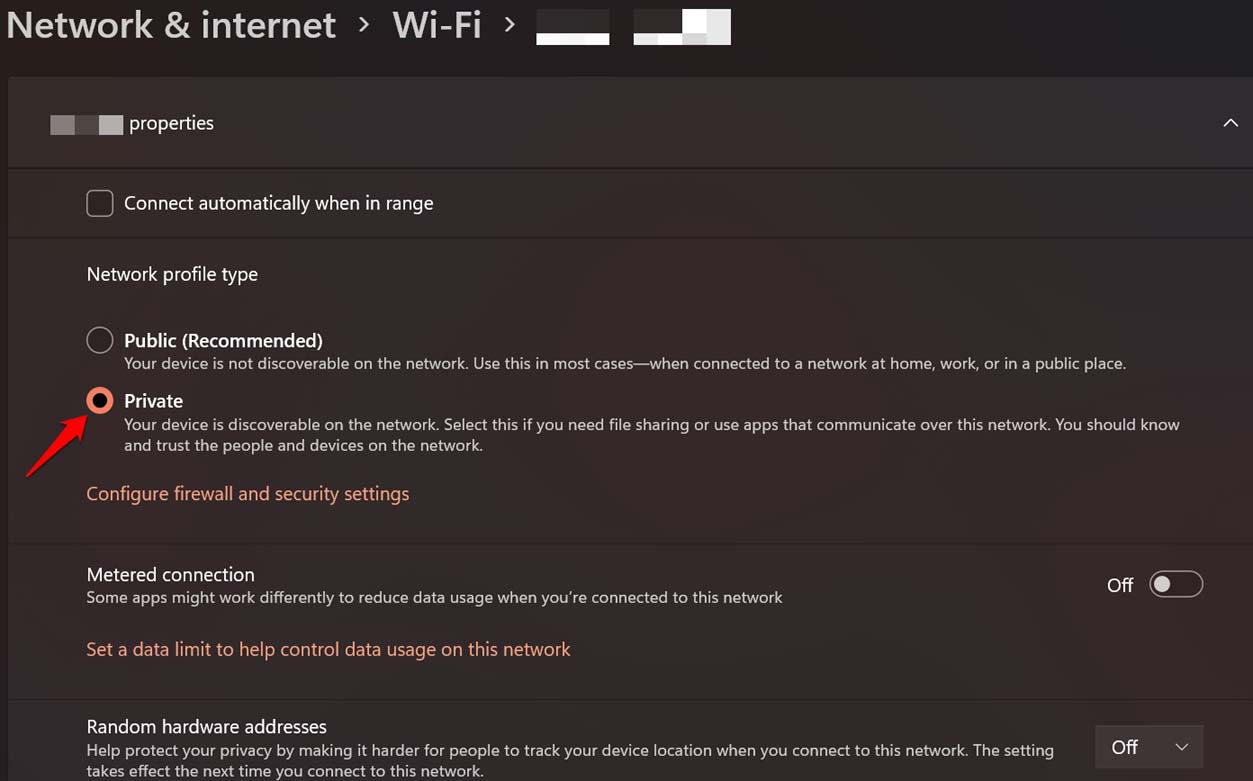 Изменить профиль Wi-Fi на частный