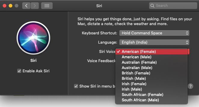 Изменить регион и пол Siri Voice на Mac