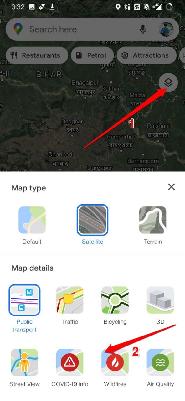 проверьте наличие лесных пожаров на смартфоне Google Map