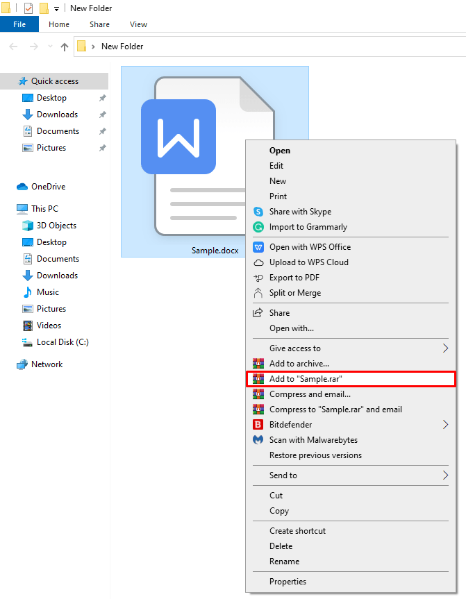 выберите («Добавить в «Sample.rar»)», чтобы создать сжатый файл.