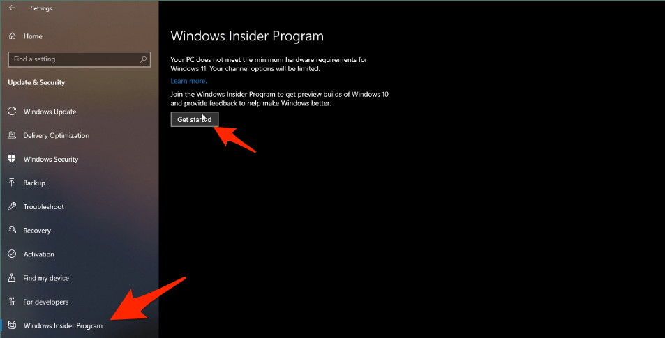 Выберите «Программу предварительной оценки Windows» внизу и нажмите «Начать».