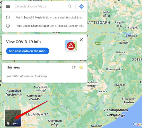 нажмите «Слои» на веб-сайте Google Map.