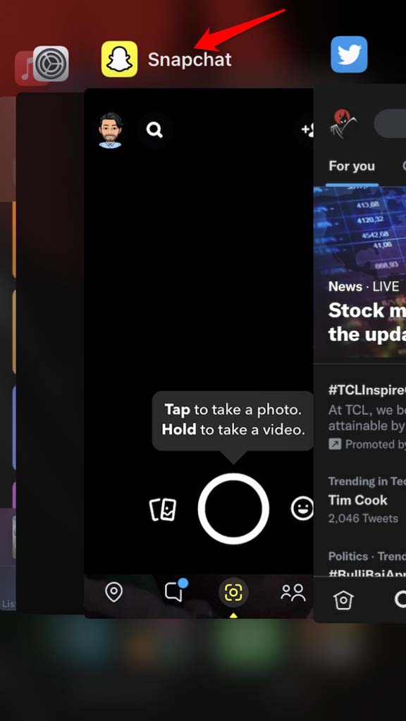 закрыть Snapchat из переключателя приложений