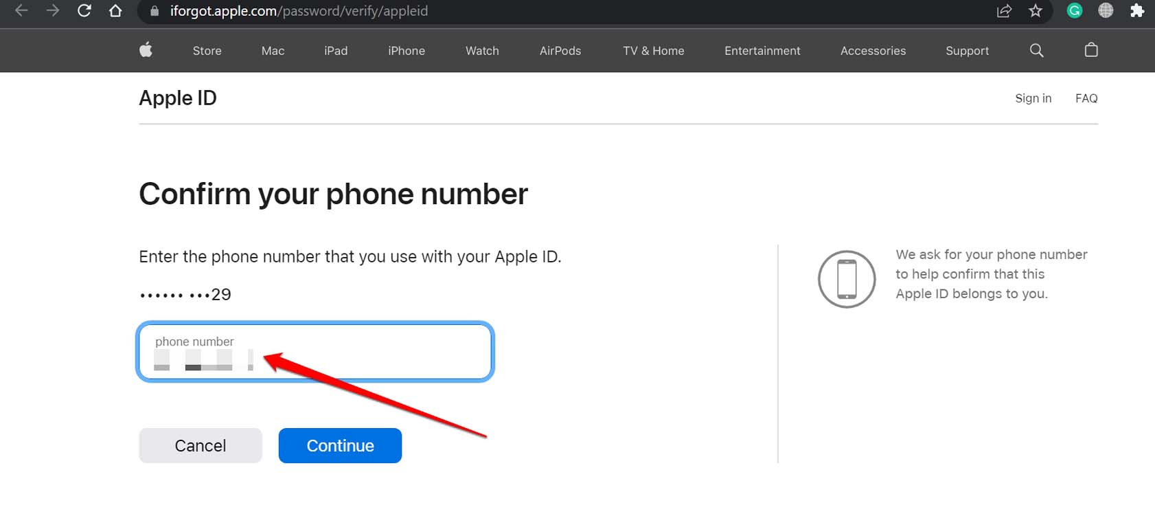 подтвердить номер телефона для Apple ID