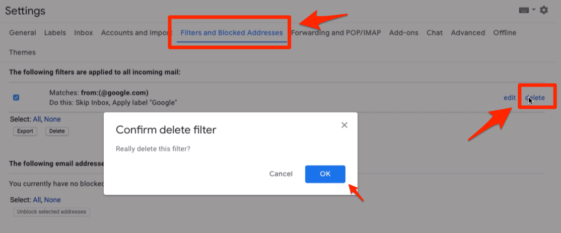 Подтвердите удаление существующего фильтра в Gmail