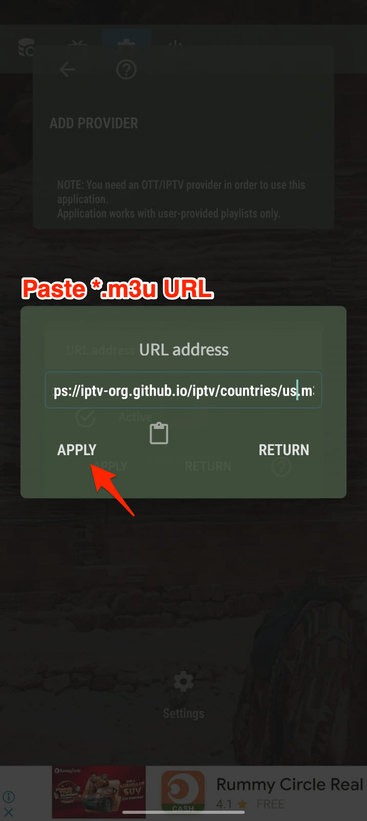 Скопируйте URL-адрес IPTV и вставьте его в поле URL-адреса в приложении и примените.