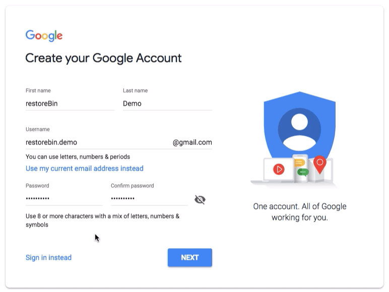 Создайте форму учетной записи Google — имя, имя пользователя, пароль.