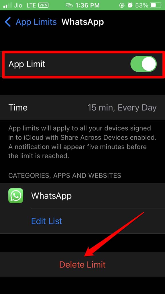 удалить лимит приложений для WhatsApp