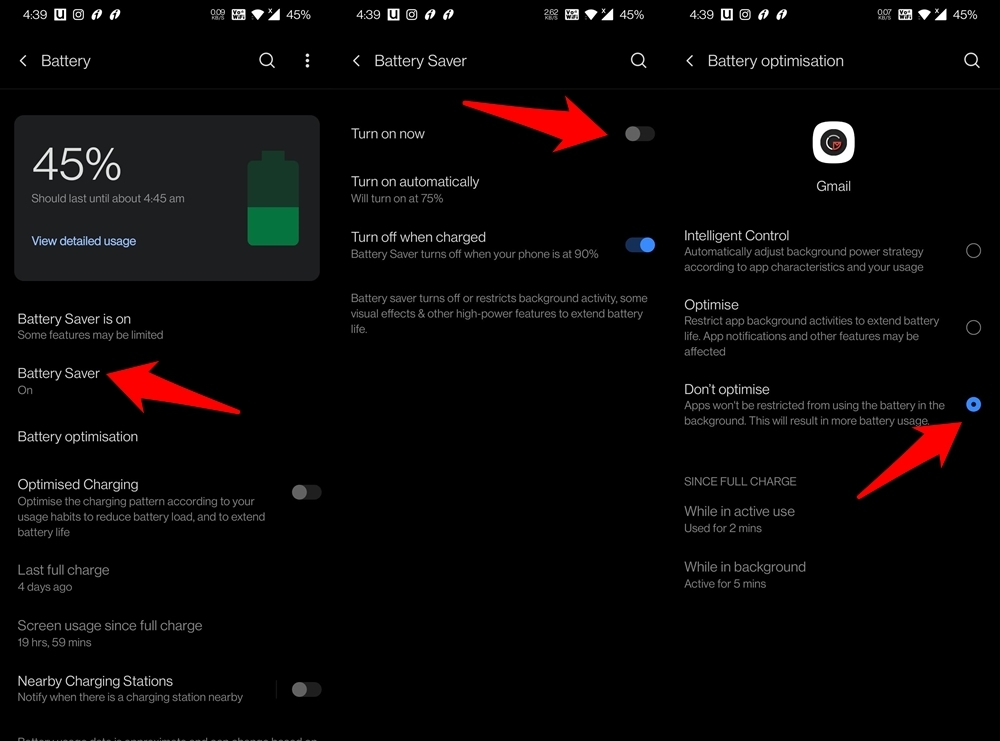 отключить оптимизацию батареи для Gmail на Android