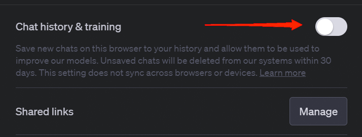 выключите переключатель «История чата и обучение».