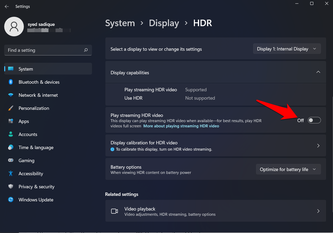 отключить воспроизведение потокового HDR-видео в Windows 11