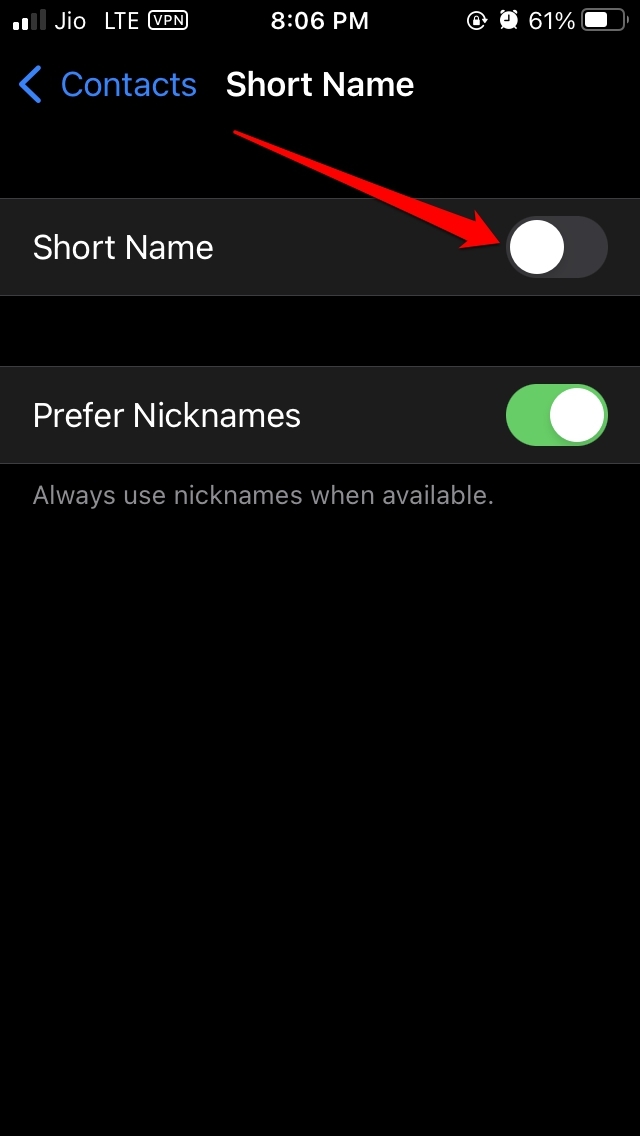 отключить короткие имена контактов iOS