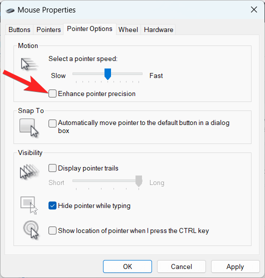 Снимите флажок «Повышенная точность указателя».