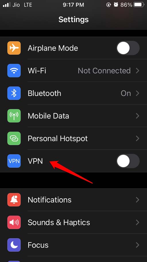 отключить VPN iOS