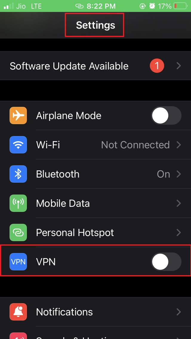 отключить VPN на iOS