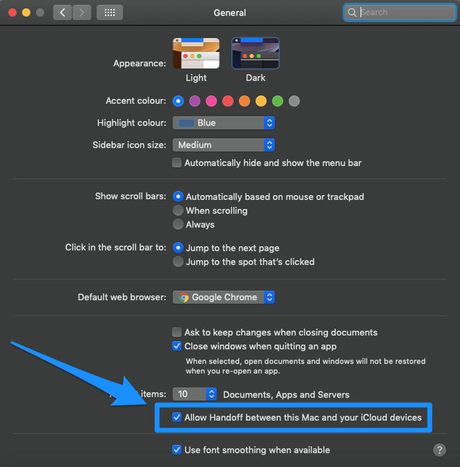 Отключить Разрешить передачу обслуживания на Mac