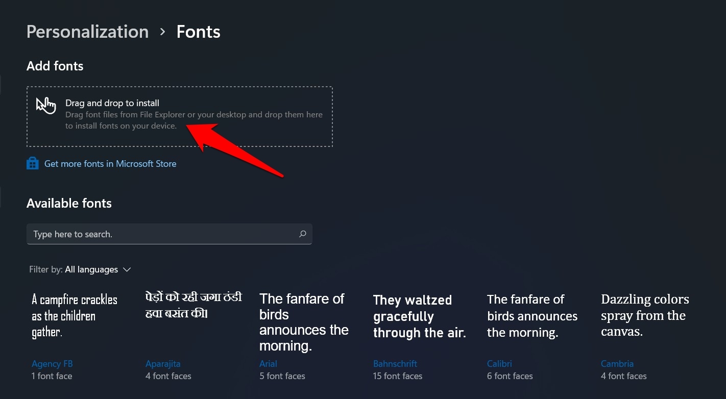 перетащите шрифты, чтобы установить их в Windows 11