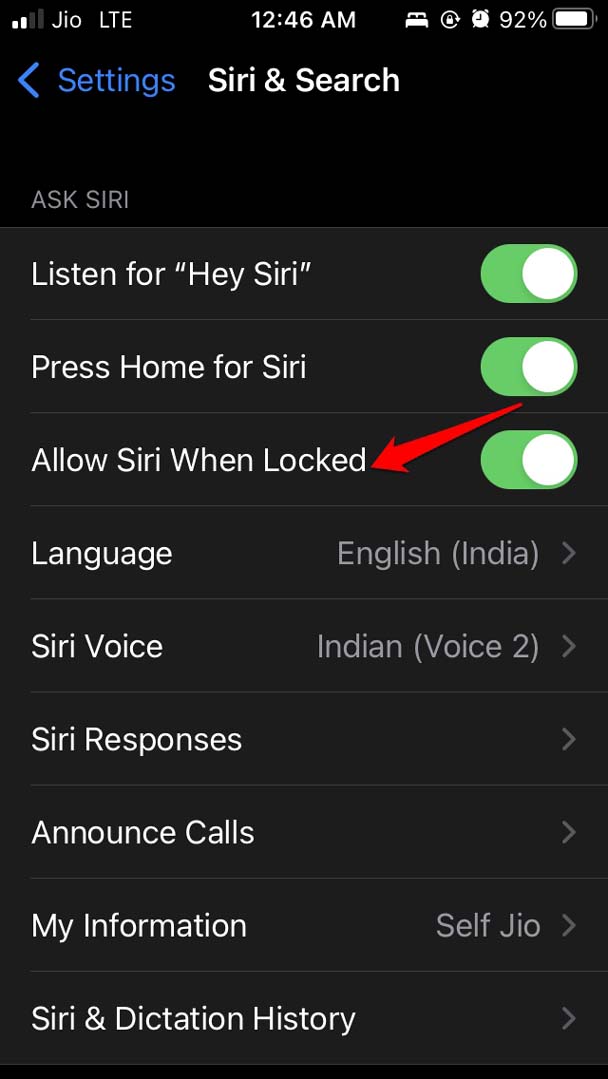 включить разрешить Siri, когда он заблокирован