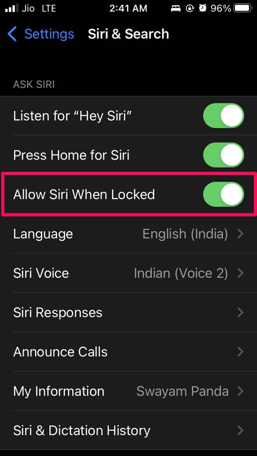 включить «Разрешить Siri при блокировке»