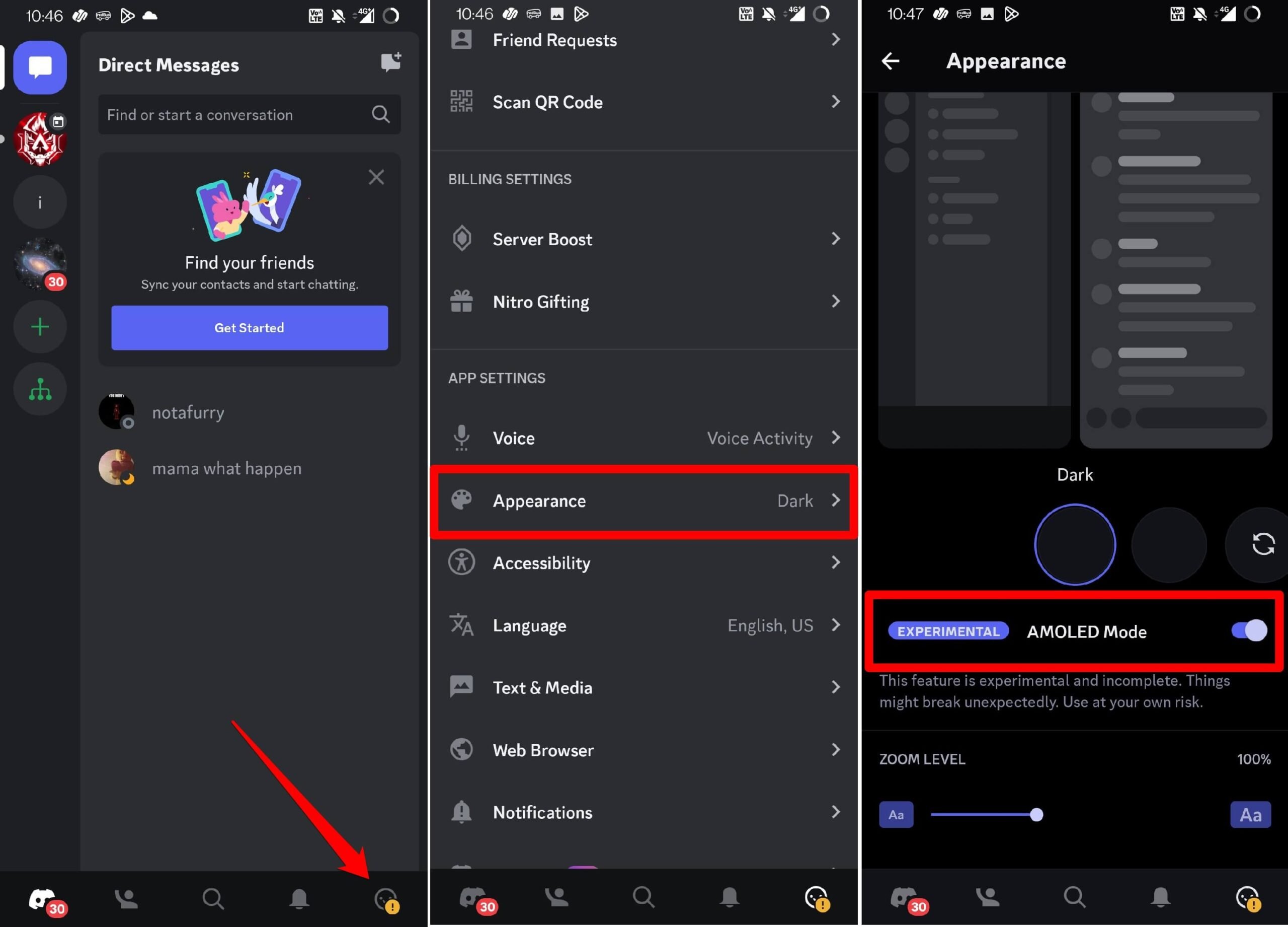 включить режим AMOLED в приложении Discord, масштабировать