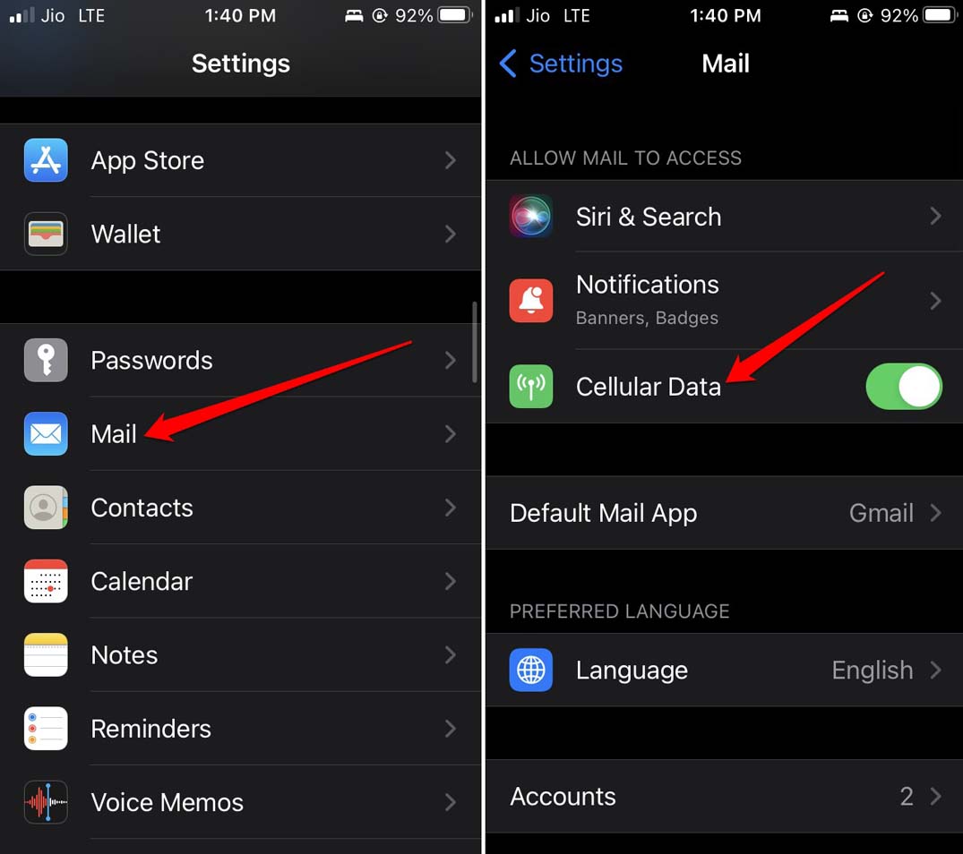 включить сотовые данные для приложения Apple Mail iOS