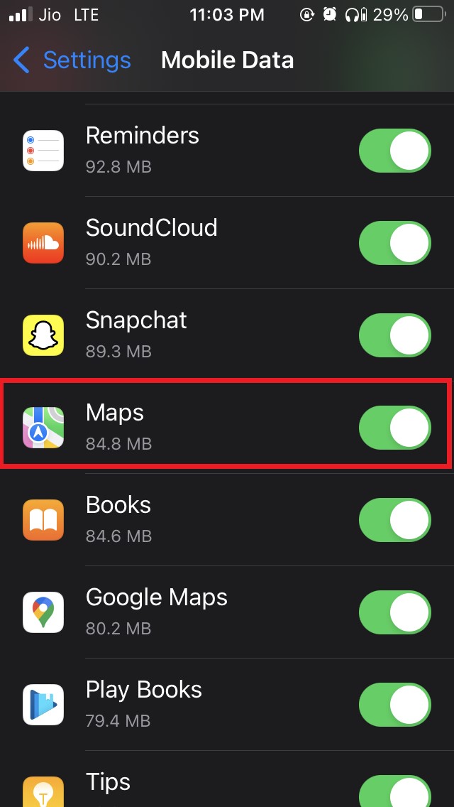 включить сотовые данные для Apple Maps