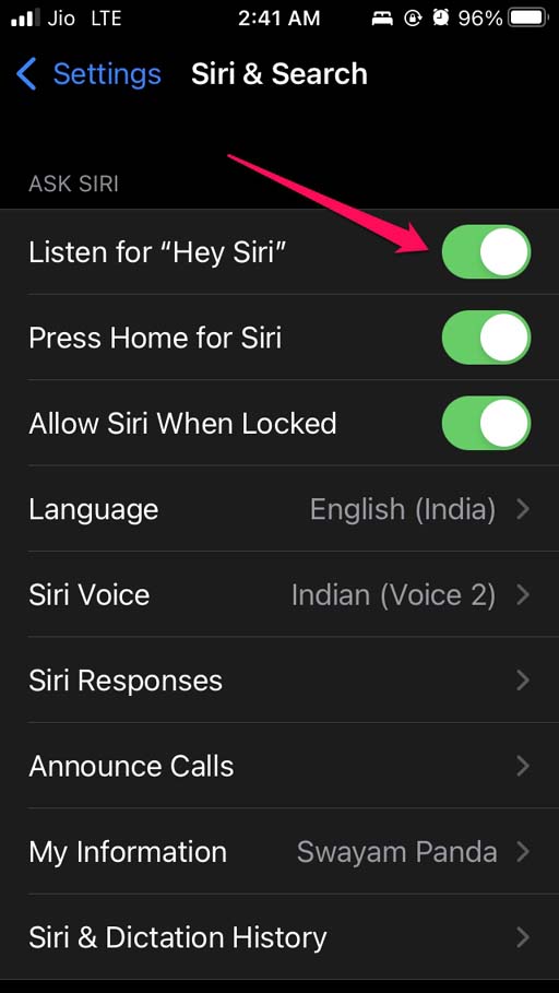 включить «Привет, Siri» на iPhone