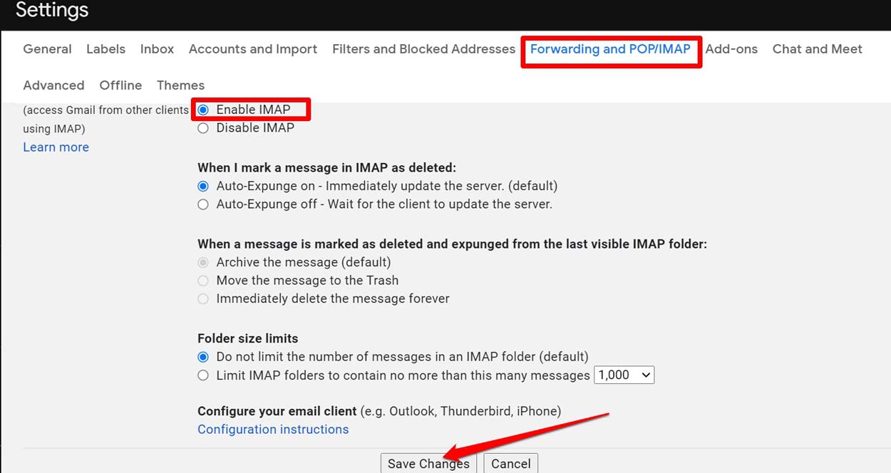 включить IMAP в Gmail