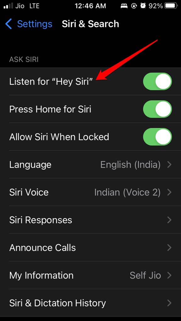 включить прослушивание «Привет, Siri»