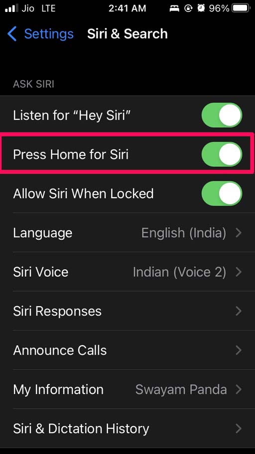 включить нажатие «Домой» для Siri