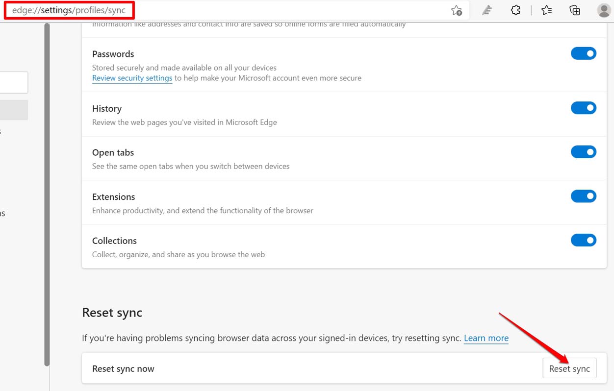 включить сброс синхронизации в браузере Edge