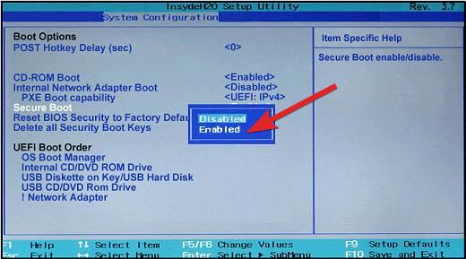 Включите безопасную загрузку в настройках BIOS.