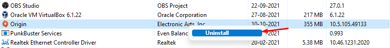 Найдите Origin и щелкните правой кнопкой мыши, чтобы просмотреть опцию «Удалить», и нажмите на нее.
