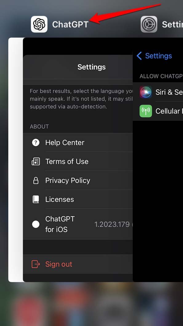 принудительно закрыть приложение ChatGPT на iPhone