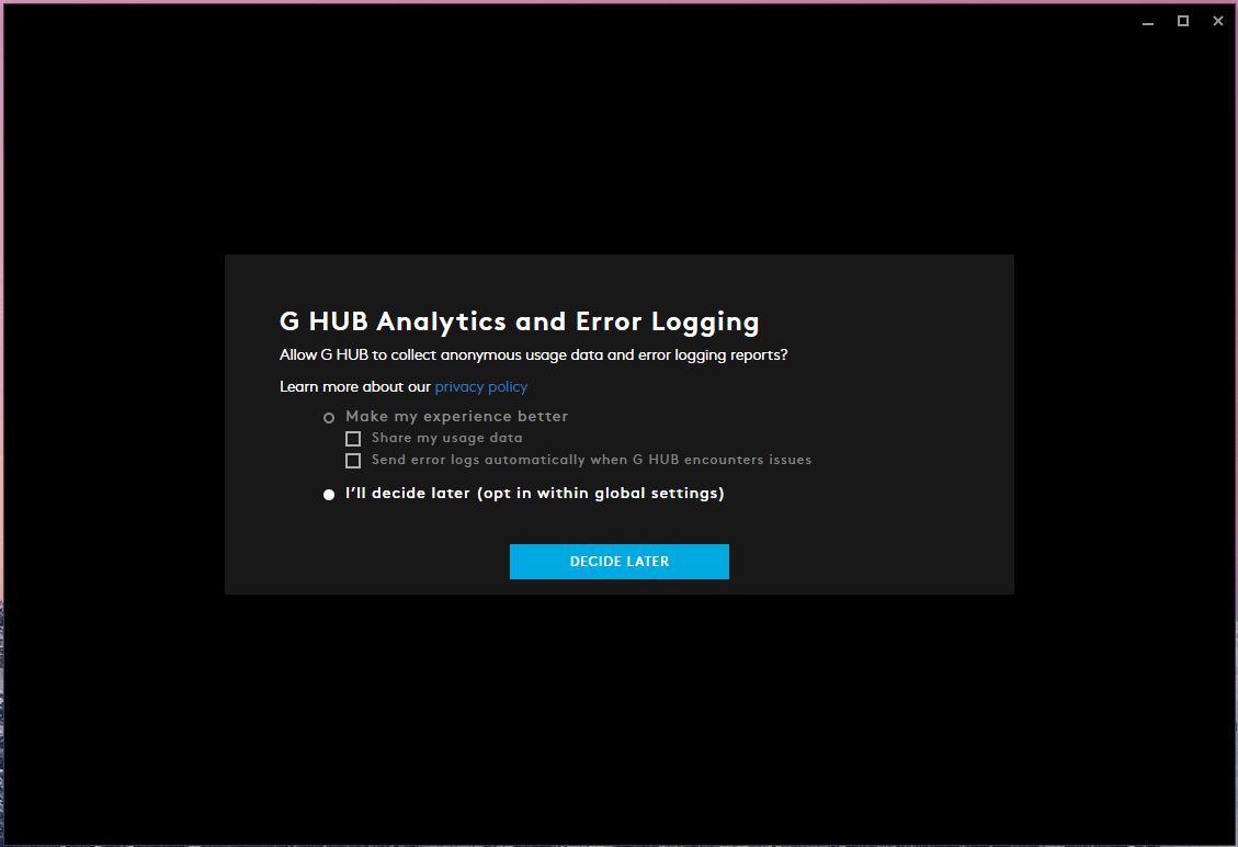 G Hub предлагает пользователям предоставить или отклонить разрешение на сбор аналитических данных.