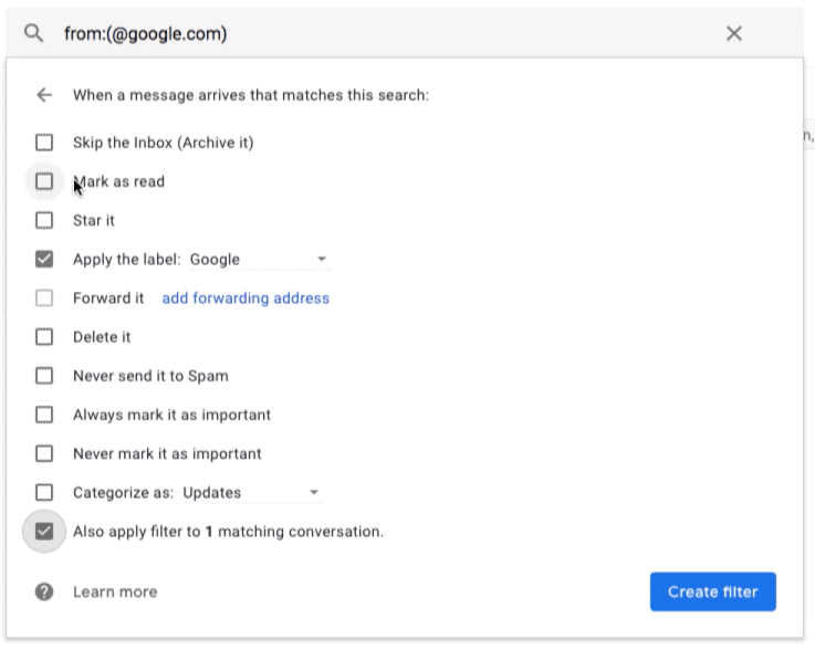 Действие фильтра Gmail при совпадении условий фильтра и применении изменений