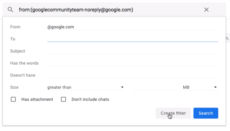 Параметры фильтра Gmail в строке поиска