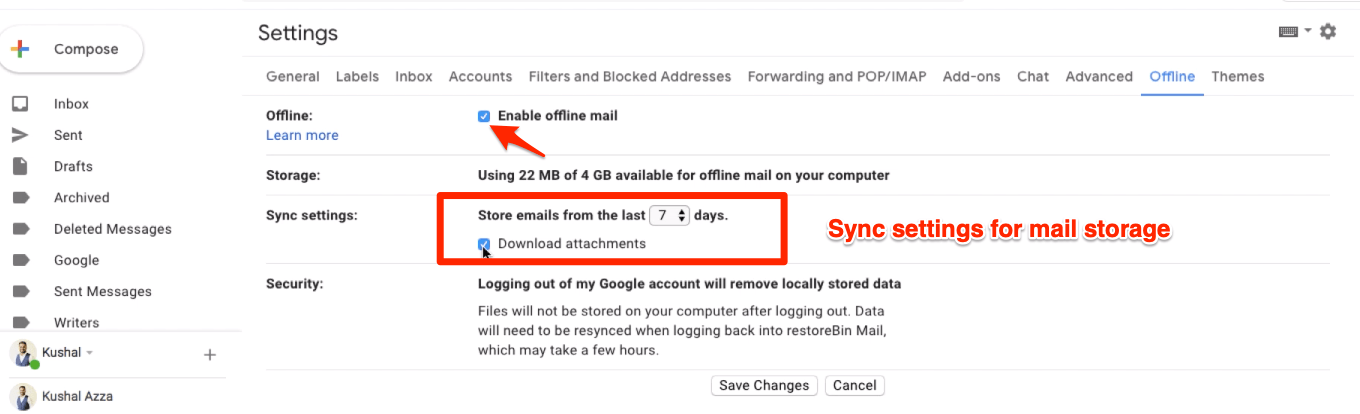 Страницы настроек автономного доступа к Gmail с возможностью синхронизации и хранения.