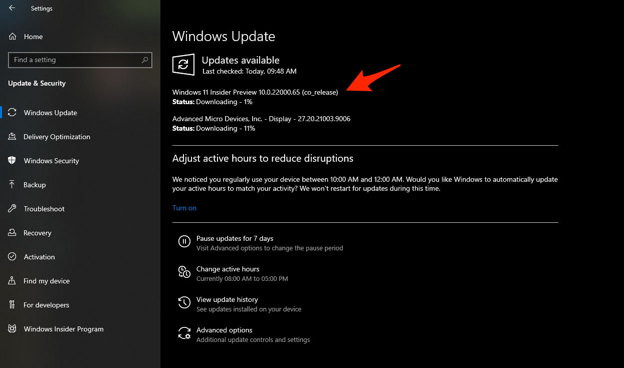 Вернитесь назад и перейдите в Центр обновления Windows. В списке вы должны найти Windows 11 Insider Preview.
