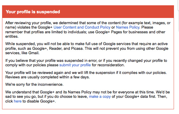 Профиль Google Plus заблокирован из-за нарушения политики в отношении пользовательского контента и поведения