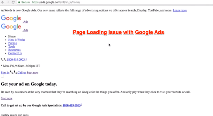 Домашняя страница Google Рекламы не загружается должным образом