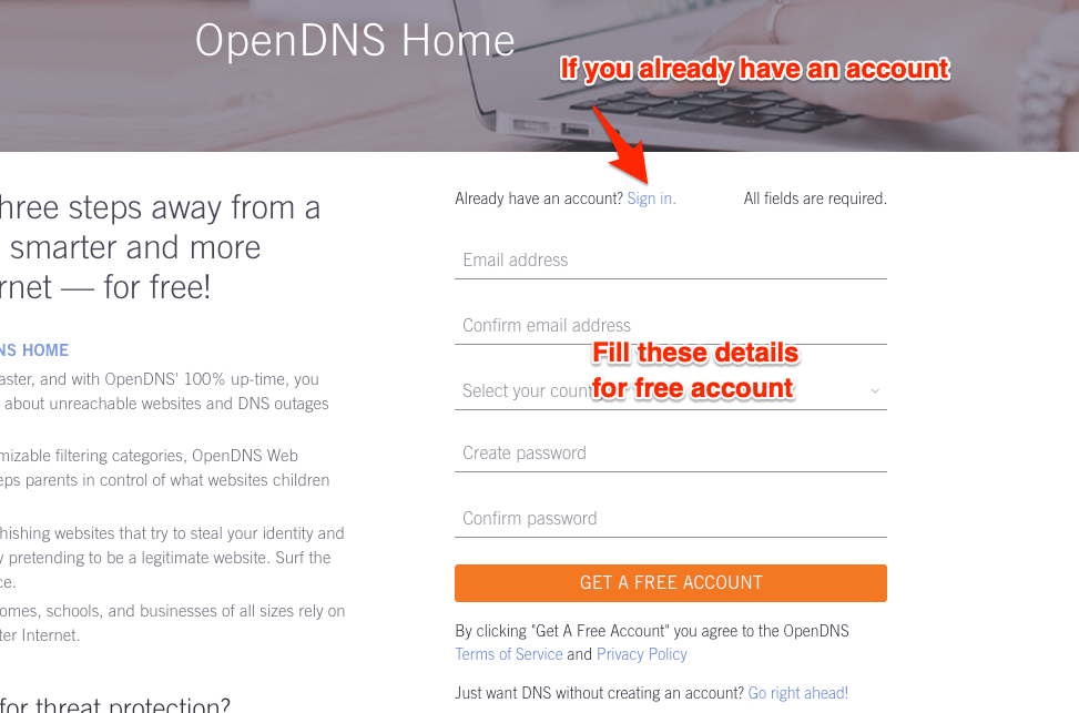 Главная Бесплатно от OpenDNS Форма регистрации