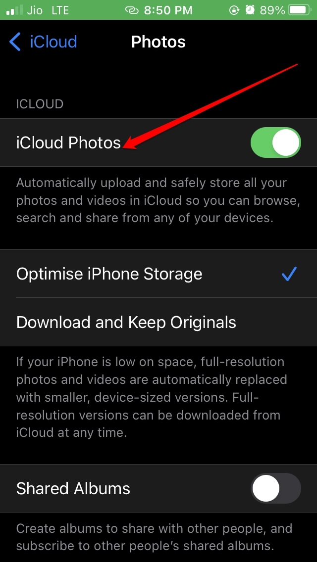 Фотографии iCloud включены