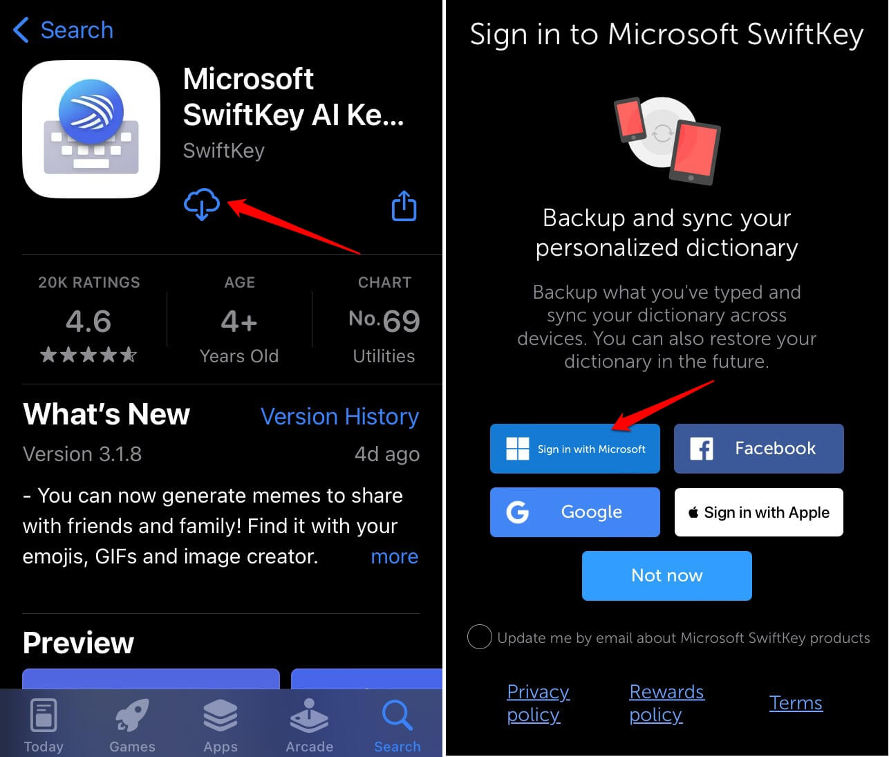 установите Microsoft SwiftKey на iPhone и войдите в систему