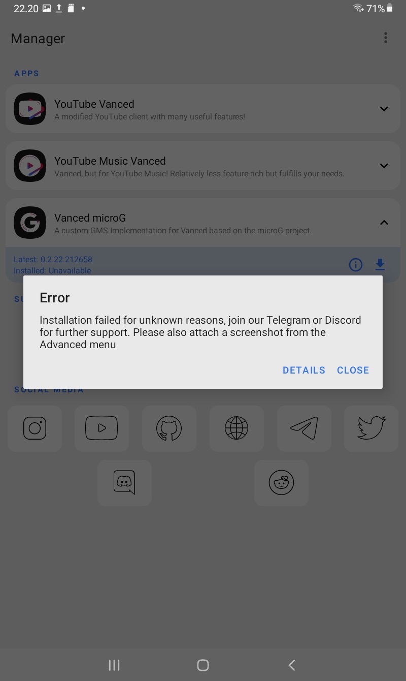 Установка не удалась по неизвестным причинам Vanced Manager